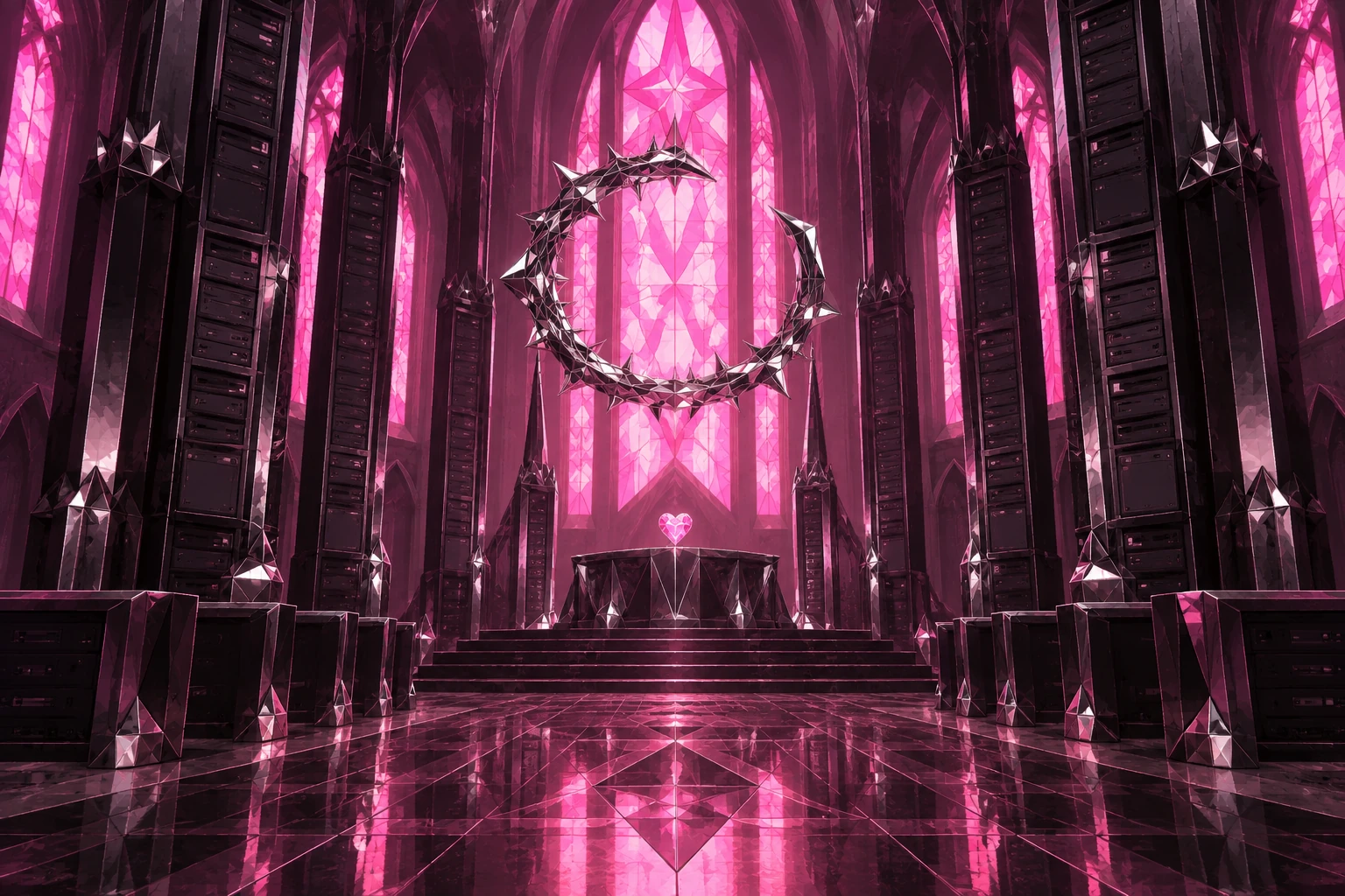 An empty cathedral of server towers surrounds a giant chrome thorn ring beneath magenta stained-glass windows.