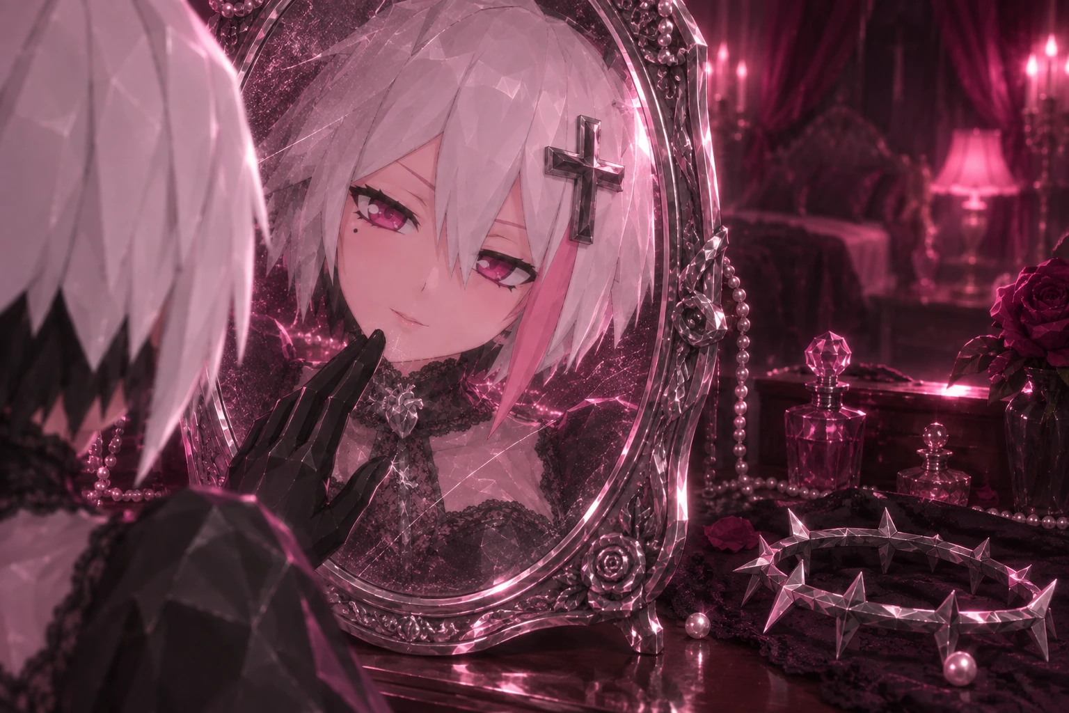 Mercy reflected in a scratched dresser mirror, her thorn crown set beside it.