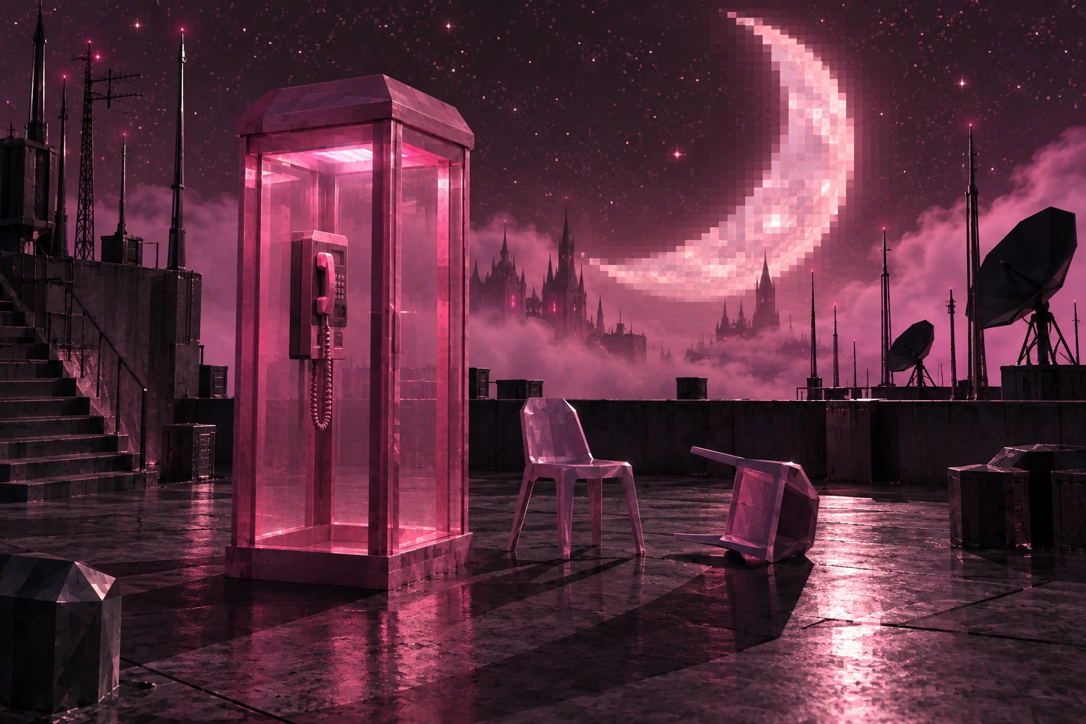 A pink phone booth on a rooftop beneath a pixel crescent.